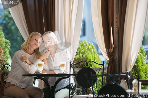 Image of Portrait of beautiful mature mother and her daughter holding cup sitting at home