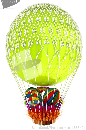 Image of Hot Air Balloon with a basket of multicolored wheat and Easter e