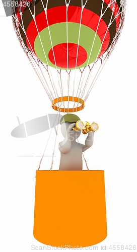 Image of 3d man with binoculars in hand on the air balloon. 3d render