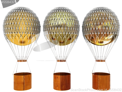 Image of Hot Golden Air Balloons and a basket. 3d render