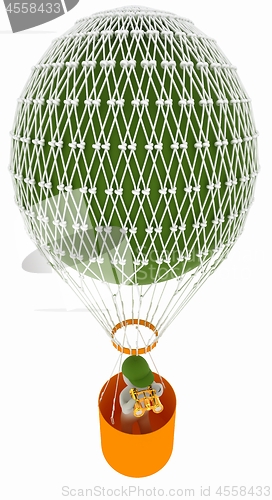 Image of 3d man with binoculars in hand on the air balloon. 3d render