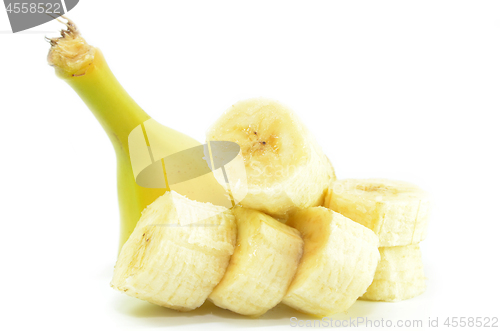 Image of Ripe yellow banana with sliced bananas