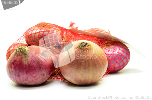 Image of Pack of red onions isolated