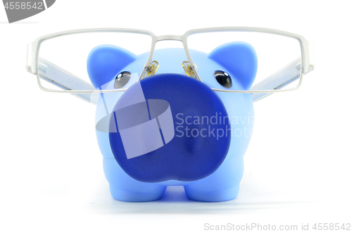 Image of Blue piggy bank with glasses