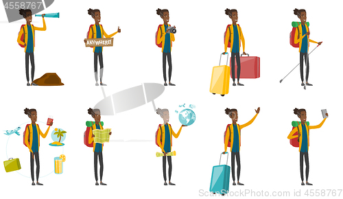Image of Young african traveler vector illustrations set.