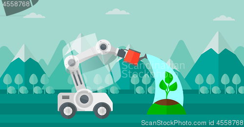 Image of Robot watering tree outdoor.