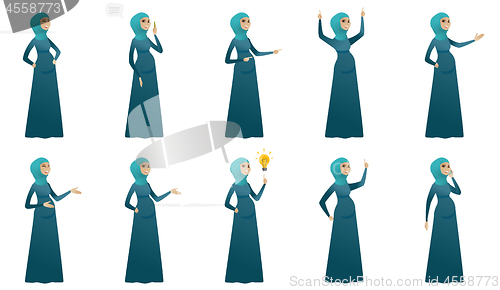 Image of Muslim pregnant woman vector illustrations set.