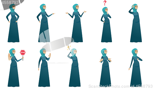 Image of Muslim pregnant woman vector illustrations set.