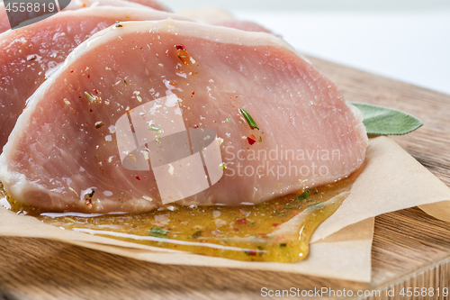 Image of raw pork escalope with sause made of honey and herbs