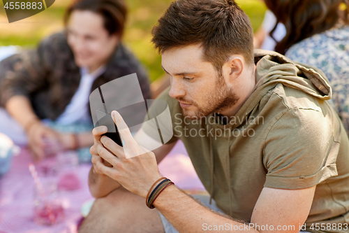 Image of man using smartphone at picnic with friends