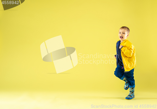 Image of A full length portrait of a bright fashionable boy in a raincoat