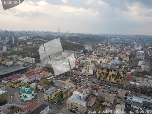 Image of Aerial view of the Podol district and the church of St. Nicholas the Pristisk. Kiev, Ukraine