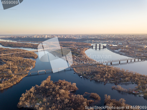 Image of Panoramic view of the right bank of Kiev and the flood of the Dnieper river at sunset