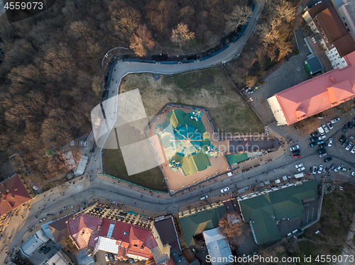 Image of Famous saint Andrew\'s church in Kiev aerial top view, Ukraine