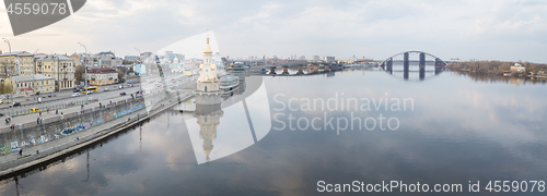 Image of Beautiful View of the Dnieper river, church of St. Nicholas on the water, River station, Havana bridge and Naberezhno-Kreschatitska street in Kiev, Ukraine.