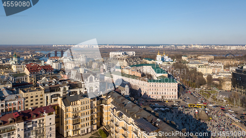 Image of view on the modern buildings in the city center, St. Andrew\'s Church, Podolsky Bridge and the left coast of the city Kiev, Ukraine