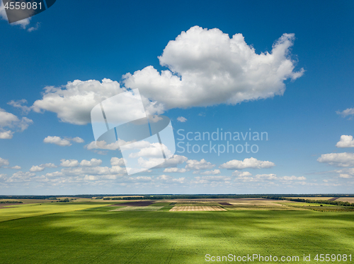 Image of Beautiful rural lanscape with blue sky and white clouds, agricultural fields, meadows, green trees. Panoramic view from drone in a summer day.