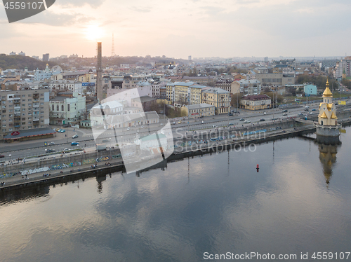 Image of Panoramic view of the Podol district and church of St. Nicholas on the water Kiev city, Ukraine