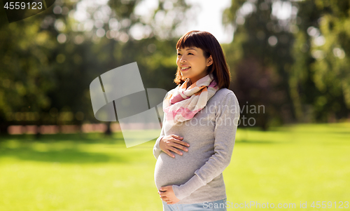 Image of happy pregnant asian woman at park