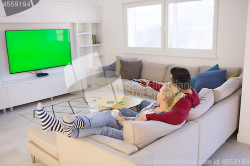 Image of Young couple on the sofa watching television