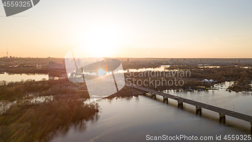 Image of North Bridge at sunset across the Dnieper River in Kiev, Ukraine