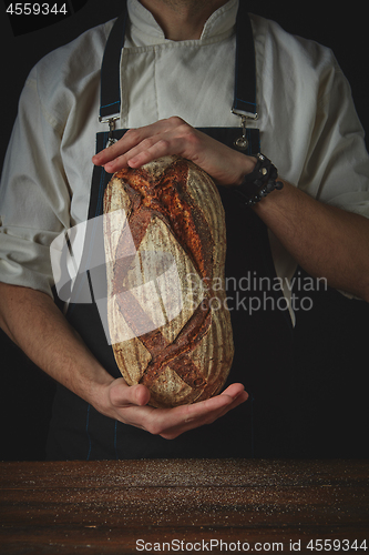 Image of man hands holding an oval fresh bread