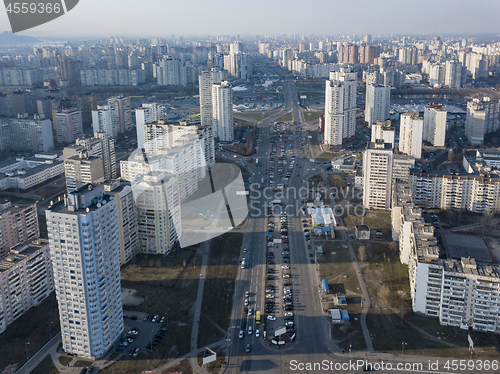 Image of A bird\'s eye view from drone to the Darnyts\'kyi district of Kiev, Ukraine with modern buildings in a spring sunny day.