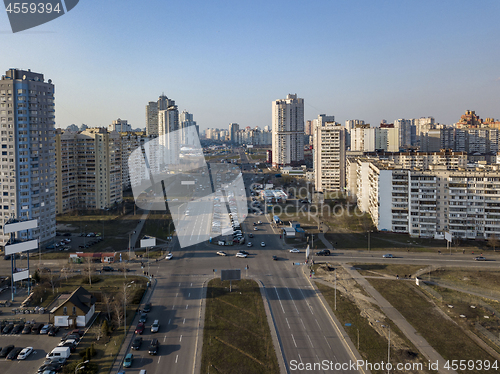 Image of Aerial panoramic view from drone to Kharkivskiy district with modern building of the city Kiev ukraine in a sunny spring day.