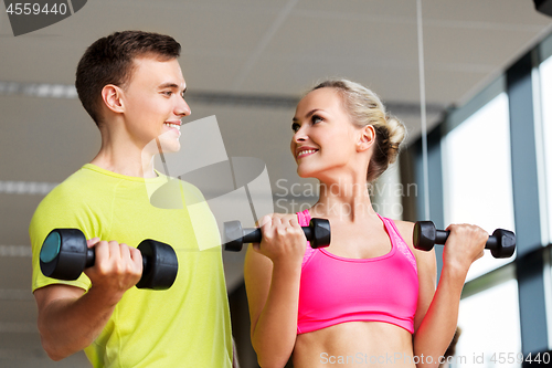 Image of couple with dumbbells exercising in gym
