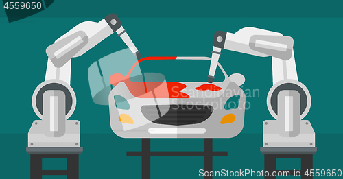 Image of Robotic arm painting car in a production line.