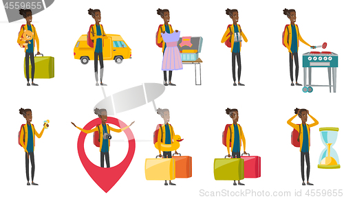 Image of Young african traveler vector illustrations set.