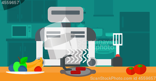 Image of Robot housewife preparing breakfast at kitchen.