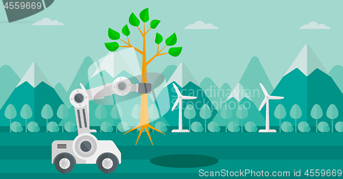 Image of Robot machine plants a big tree.