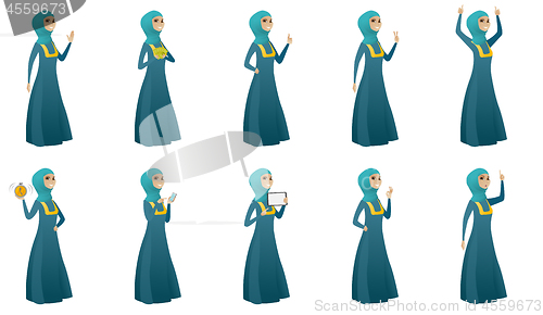 Image of Muslim business woman vector illustrations set.