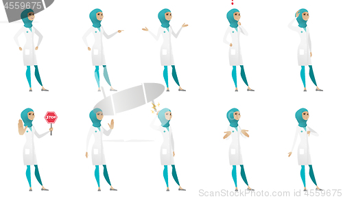 Image of Muslim doctor vector illustrations set.