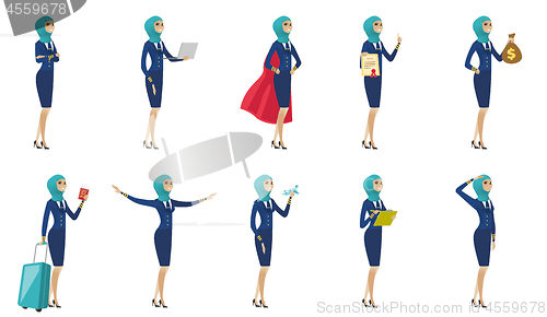 Image of Young muslim stewardess vector illustrations set.