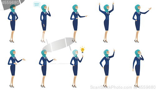 Image of Young muslim stewardess vector illustrations set.
