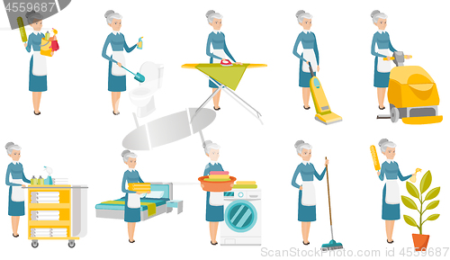 Image of Senior caucasian cleaner vector illustrations set.