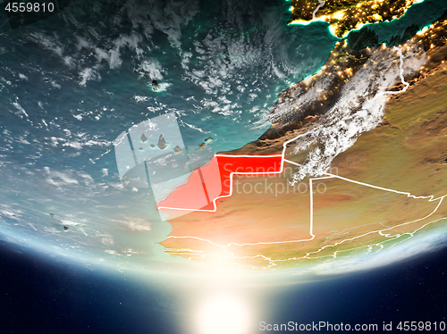 Image of Western Sahara with sun on planet Earth