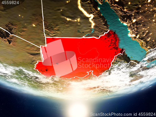 Image of Sudan with sun on planet Earth