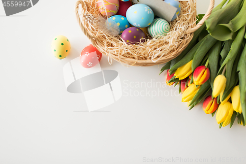 Image of colored easter eggs in basket and tulip flowers