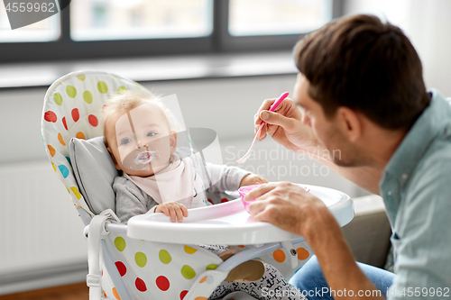 Image of father feeding baby in highchair at home