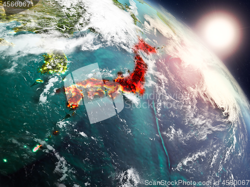 Image of Japan from space during sunrise