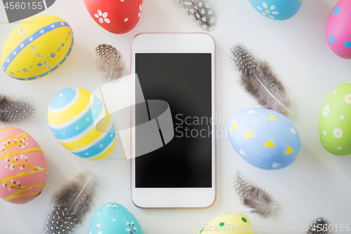 Image of smartphone with easter eggs and feathers