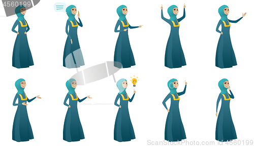 Image of Muslim business woman vector illustrations set.