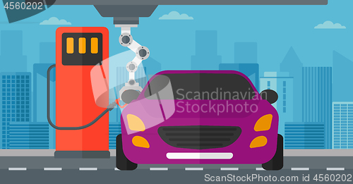 Image of Robot filling up fuel into car at the gas station.