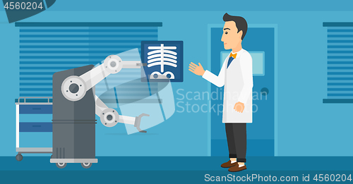 Image of Doctor examining radiograph with help of robot.