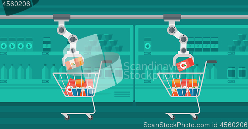 Image of Robotic arm putting groceries in shopping trolley.