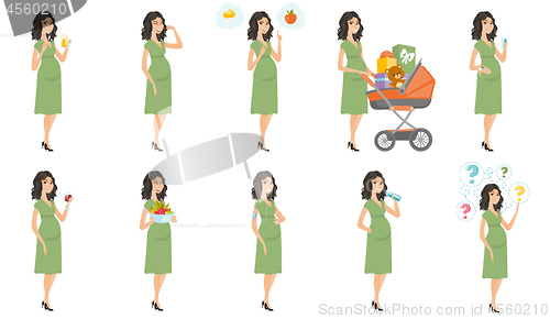 Image of Caucasian pregnant woman vector illustrations set.