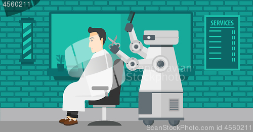 Image of Robot hairdresser making haircut to a man.